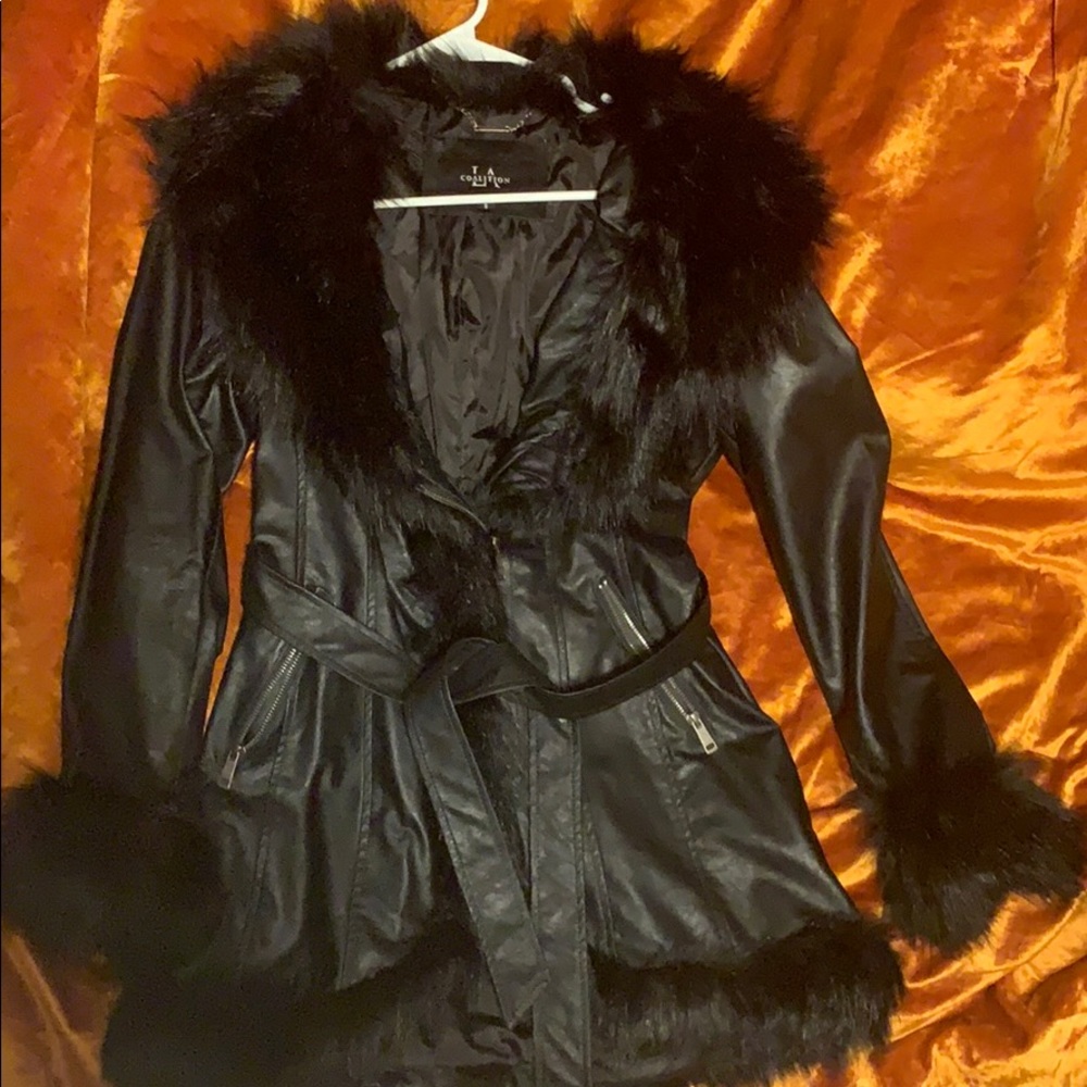 Faux leather trench coat with faux fur